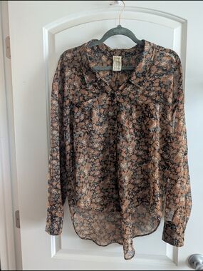 Free People Sheer Floral Button-Up Blouse in Black and Brown